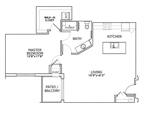Floor plan for 1 bed, 1 bath, 923 sqft